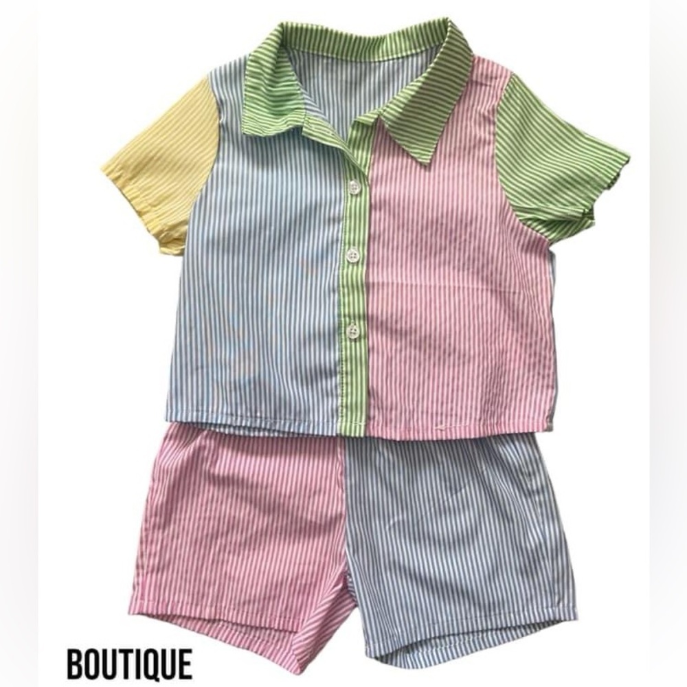 💙4/$28💙 SHEIN Colorful Striped Shirt And Shorts Set, 2pcs 4T